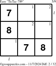 The grouppuzzles.com Easy TicTac-789 puzzle for Thursday November 7, 2024 with all 2 steps marked