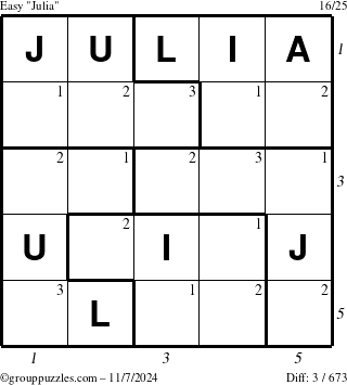 The grouppuzzles.com Easy Julia puzzle for Thursday November 7, 2024 with all 3 steps marked