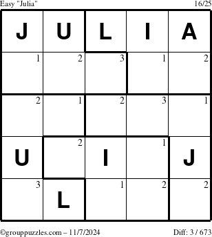 The grouppuzzles.com Easy Julia puzzle for Thursday November 7, 2024 with the first 3 steps marked