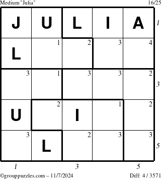 The grouppuzzles.com Medium Julia puzzle for Thursday November 7, 2024 with all 4 steps marked