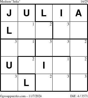 The grouppuzzles.com Medium Julia puzzle for Thursday November 7, 2024 with the first 3 steps marked