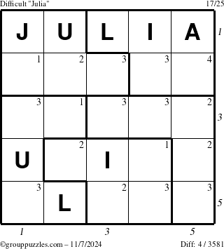 The grouppuzzles.com Difficult Julia puzzle for Thursday November 7, 2024 with all 4 steps marked