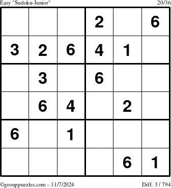 The grouppuzzles.com Easy Sudoku-Junior puzzle for Thursday November 7, 2024