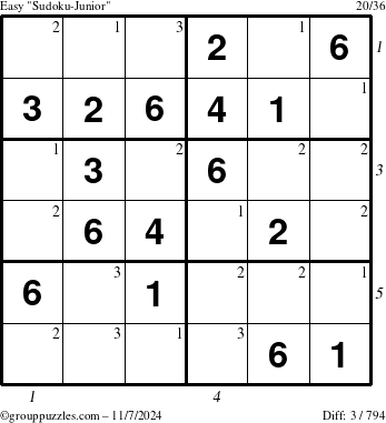 The grouppuzzles.com Easy Sudoku-Junior puzzle for Thursday November 7, 2024, suitable for printing, with all 3 steps marked