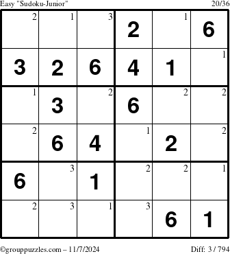 The grouppuzzles.com Easy Sudoku-Junior puzzle for Thursday November 7, 2024 with the first 3 steps marked