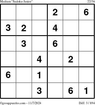 The grouppuzzles.com Medium Sudoku-Junior puzzle for Thursday November 7, 2024