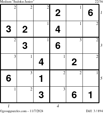 The grouppuzzles.com Medium Sudoku-Junior puzzle for Thursday November 7, 2024 with all 3 steps marked