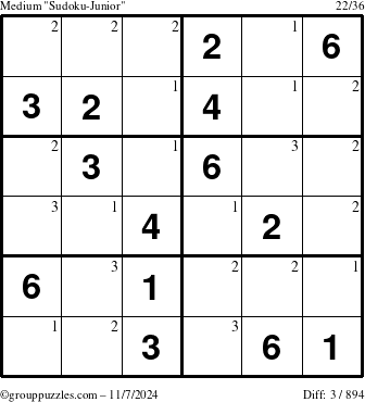 The grouppuzzles.com Medium Sudoku-Junior puzzle for Thursday November 7, 2024 with the first 3 steps marked