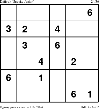 The grouppuzzles.com Difficult Sudoku-Junior puzzle for Thursday November 7, 2024