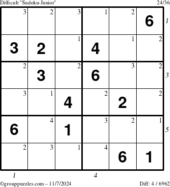 The grouppuzzles.com Difficult Sudoku-Junior puzzle for Thursday November 7, 2024 with all 4 steps marked