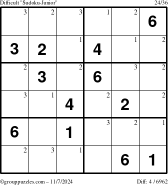 The grouppuzzles.com Difficult Sudoku-Junior puzzle for Thursday November 7, 2024 with the first 3 steps marked