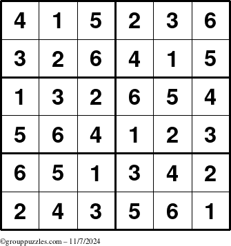 The grouppuzzles.com Answer grid for the Sudoku-Junior puzzle for Thursday November 7, 2024