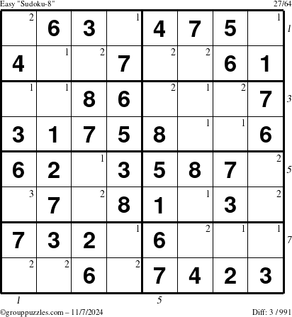 The grouppuzzles.com Easy Sudoku-8 puzzle for Thursday November 7, 2024 with all 3 steps marked