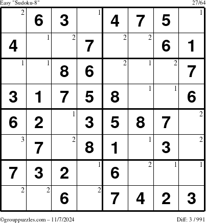 The grouppuzzles.com Easy Sudoku-8 puzzle for Thursday November 7, 2024 with the first 3 steps marked