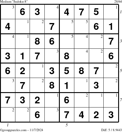 The grouppuzzles.com Medium Sudoku-8 puzzle for Thursday November 7, 2024 with all 5 steps marked