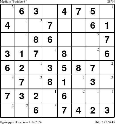 The grouppuzzles.com Medium Sudoku-8 puzzle for Thursday November 7, 2024 with the first 3 steps marked