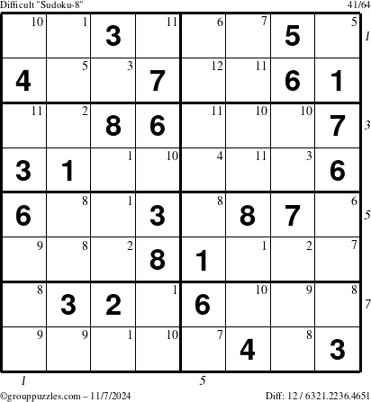 The grouppuzzles.com Difficult Sudoku-8 puzzle for Thursday November 7, 2024 with all 12 steps marked