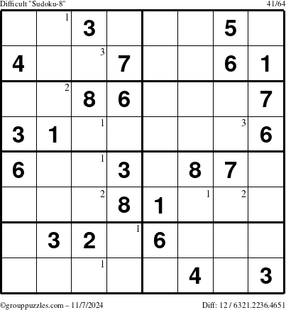 The grouppuzzles.com Difficult Sudoku-8 puzzle for Thursday November 7, 2024 with the first 3 steps marked