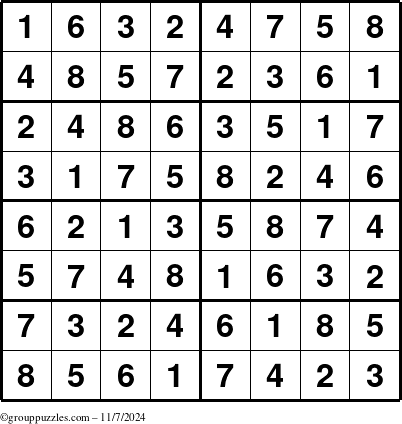 The grouppuzzles.com Answer grid for the Sudoku-8 puzzle for Thursday November 7, 2024