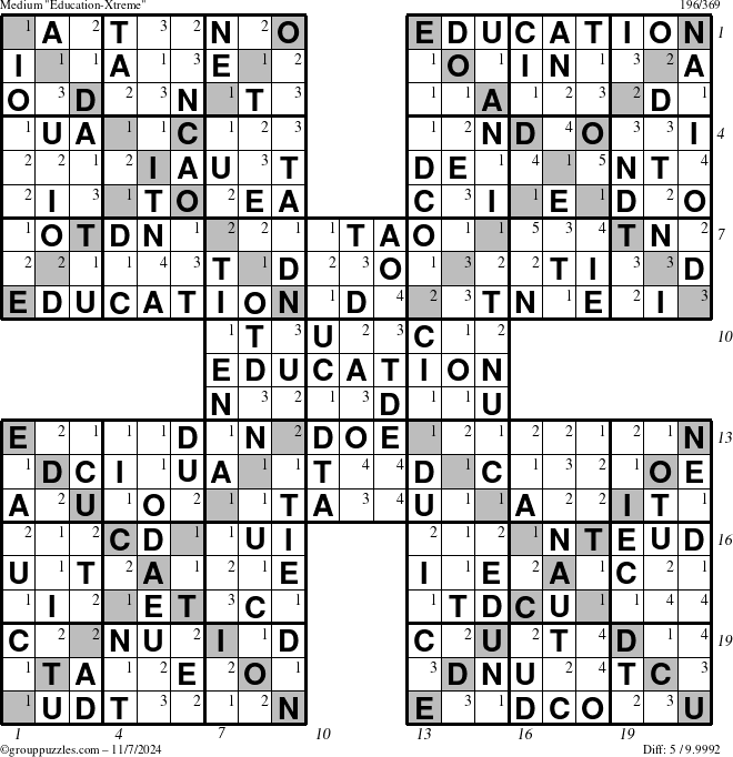 The grouppuzzles.com Medium Education-Xtreme puzzle for Thursday November 7, 2024 with all 5 steps marked