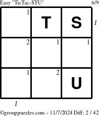 The grouppuzzles.com Easy TicTac-STU puzzle for Thursday November 7, 2024 with all 2 steps marked