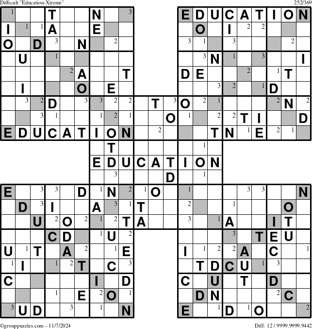 The grouppuzzles.com Difficult Education-Xtreme puzzle for Thursday November 7, 2024 with the first 3 steps marked