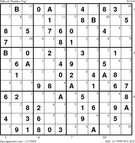 The grouppuzzles.com Difficult Sudoku-12up puzzle for Thursday November 7, 2024, suitable for printing, with all 12 steps marked