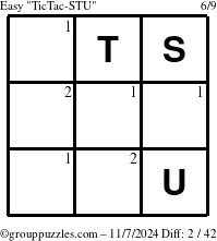 The grouppuzzles.com Easy TicTac-STU puzzle for Thursday November 7, 2024 with the first 2 steps marked