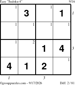 The grouppuzzles.com Easy Sudoku-4 puzzle for Thursday September 17, 2026 with all 2 steps marked