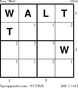 The grouppuzzles.com Easy Walt puzzle for Thursday September 17, 2026 with all 3 steps marked