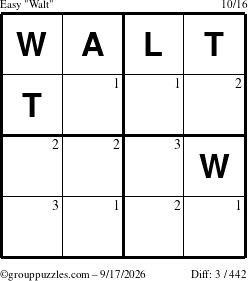 The grouppuzzles.com Easy Walt puzzle for Thursday September 17, 2026 with the first 3 steps marked