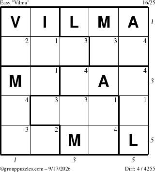 The grouppuzzles.com Easy Vilma puzzle for Thursday September 17, 2026 with all 4 steps marked
