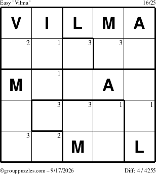 The grouppuzzles.com Easy Vilma puzzle for Thursday September 17, 2026 with the first 3 steps marked