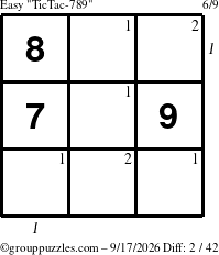 The grouppuzzles.com Easy TicTac-789 puzzle for Thursday September 17, 2026, suitable for printing, with all 2 steps marked