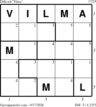 The grouppuzzles.com Difficult Vilma puzzle for Thursday September 17, 2026, suitable for printing, with all 5 steps marked