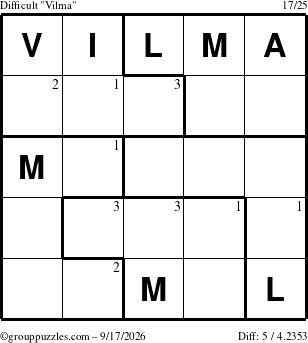 The grouppuzzles.com Difficult Vilma puzzle for Thursday September 17, 2026 with the first 3 steps marked