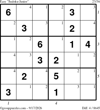 The grouppuzzles.com Easy Sudoku-Junior puzzle for Thursday September 17, 2026 with all 4 steps marked