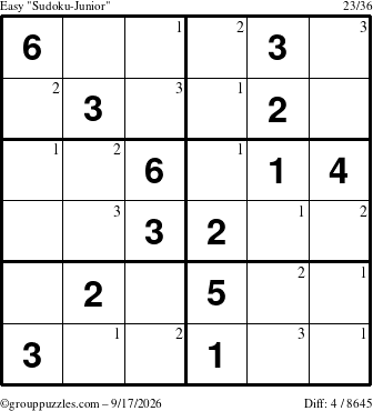 The grouppuzzles.com Easy Sudoku-Junior puzzle for Thursday September 17, 2026 with the first 3 steps marked