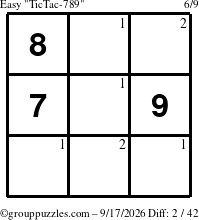 The grouppuzzles.com Easy TicTac-789 puzzle for Thursday September 17, 2026 with the first 2 steps marked