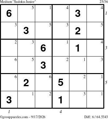 The grouppuzzles.com Medium Sudoku-Junior puzzle for Thursday September 17, 2026, suitable for printing, with all 6 steps marked