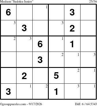 The grouppuzzles.com Medium Sudoku-Junior puzzle for Thursday September 17, 2026 with the first 3 steps marked