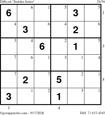 The grouppuzzles.com Difficult Sudoku-Junior puzzle for Thursday September 17, 2026 with all 7 steps marked