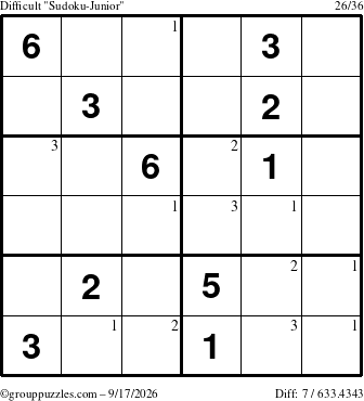 The grouppuzzles.com Difficult Sudoku-Junior puzzle for Thursday September 17, 2026 with the first 3 steps marked