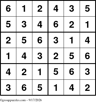 The grouppuzzles.com Answer grid for the Sudoku-Junior puzzle for Thursday September 17, 2026