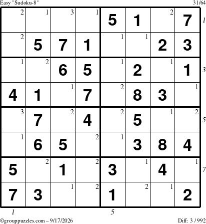 The grouppuzzles.com Easy Sudoku-8 puzzle for Thursday September 17, 2026, suitable for printing, with all 3 steps marked