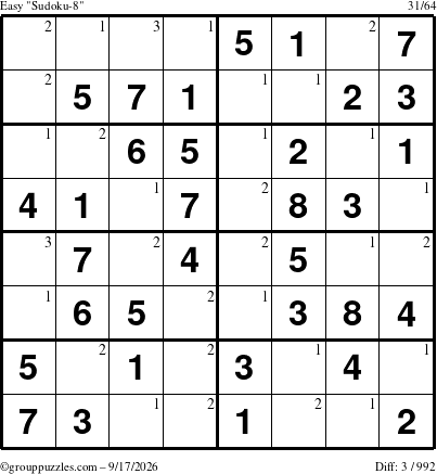 The grouppuzzles.com Easy Sudoku-8 puzzle for Thursday September 17, 2026 with the first 3 steps marked