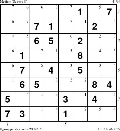 The grouppuzzles.com Medium Sudoku-8 puzzle for Thursday September 17, 2026, suitable for printing, with all 7 steps marked