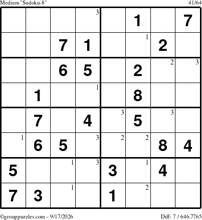 The grouppuzzles.com Medium Sudoku-8 puzzle for Thursday September 17, 2026 with the first 3 steps marked