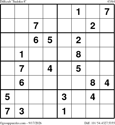 The grouppuzzles.com Difficult Sudoku-8 puzzle for Thursday September 17, 2026