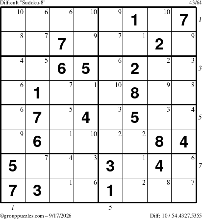 The grouppuzzles.com Difficult Sudoku-8 puzzle for Thursday September 17, 2026, suitable for printing, with all 10 steps marked